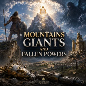 Mountains Giants And Fallen Powers poster showing Christ’s kingdom mountain, a giant warrior, fallen powers, Jerusalem, and shattered empires.