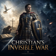 Christian soldier in the armour of God standing in spiritual warfare, with Bible, prayer, light, darkness, and Ephesians 6:12 theme.