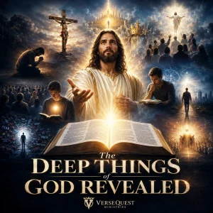 The Deep Things of God Revealed series poster with Christ, open Bible, heavenly city, cross, and scenes of revelation, hope, and discernment.