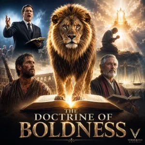 Cinematic Doctrine of Boldness series image with lion, Bible, preacher, prayer, battle, and judgment scenes from a KJV Bible study series.