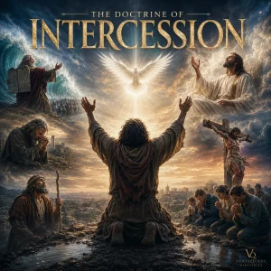 Cinematic poster for The Doctrine of Intercession series featuring a central figure praying, Christ above, the cross, dove, prophets, and believers in prayer.