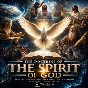Cinematic VerseQuest Ministries poster for The Doctrine of the Spirit of God, featuring a radiant dove, Christ, prophecy, Scripture, and spiritual power.