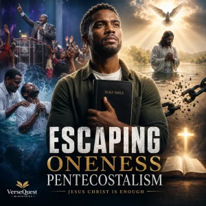 Escaping Oneness Pentecostalism poster with central man holding a Bible, revival scenes, baptism imagery, broken chains, cross, and Christ-centered hope.