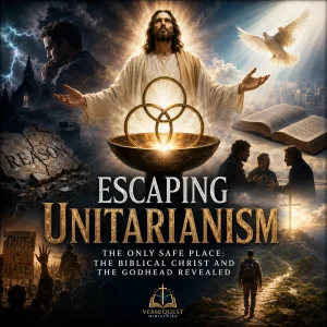 Escaping Unitarianism series poster featuring the Trinity symbol, Jesus Christ, the Holy Spirit, Scripture, prayer, and biblical defense of Christ’s deity.