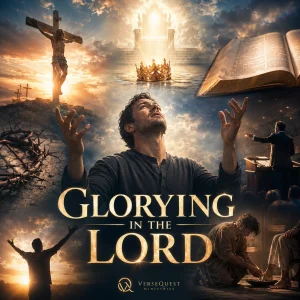 Cinematic Glorying in the Lord series poster showing a man looking upward in worship, surrounded by cross, Bible, crown, throne, preaching, and service scenes.