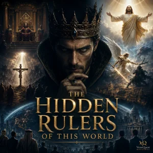 Cinematic series poster for The Hidden Rulers of This World, showing unseen spiritual rulers, earthly thrones, and Jesus Christ reigning above all powers.