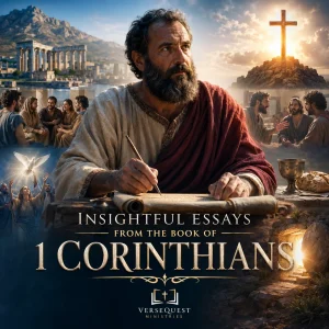 Cinematic 1 Corinthians poster with Paul writing, Corinth in the background, cross, church scenes, Lord’s supper, and resurrection hope.