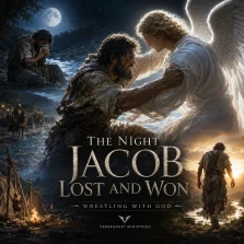 KJV Bible study image showing Jacob wrestling with God at night from Genesis 32, receiving a new name and leaving with a limp.