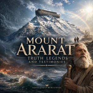 Mount Ararat series poster with Noah’s Ark on snowy peak, Flood waters, rainbow, Noah, and VerseQuest Ministries title.