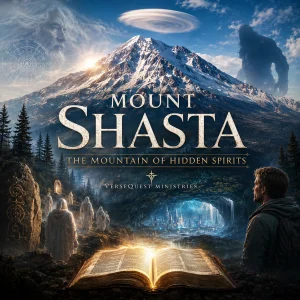 Mount Shasta cinematic poster for a KJV Bible study series on hidden spirits, Nephilim, fallen angels, Telos, portals, and discernment.