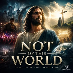 Not of This World series poster showing Christ at the center between this world’s darkness and the coming kingdom in a cinematic KJV Bible study design.