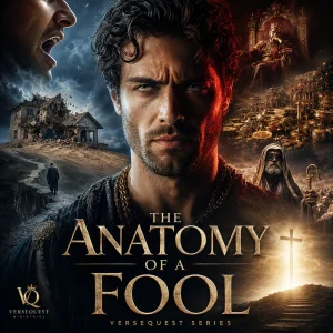 Cinematic poster for The Anatomy of a Fool series, featuring a central man, crumbling house, proud king, false shepherd, and radiant cross.