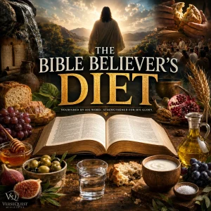 The Bible Believer's Diet series poster featuring an open KJV Bible surrounded by biblical foods symbolizing spiritual growth through God's Word.