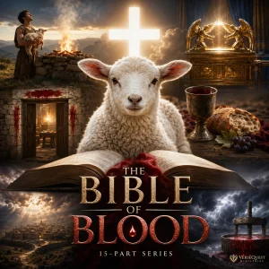 The Bible of Blood series poster with sacrificial lamb, cross, covenant imagery, and dramatic Bible study collage on Christ’s blood from Genesis to Revelation.