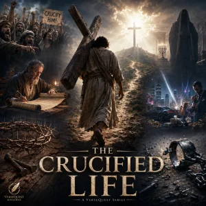 Cinematic poster for The Crucified Life series showing cross-centered Christian discipleship, Calvary, spiritual warfare, and separation from the world