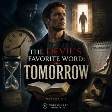 KJV Bible study image showing a man holding Scripture, tempted by delay, with clock, calendar, open door, and Proverbs 27:1 warning.