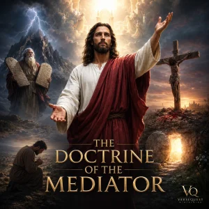 Cinematic poster for The Doctrine of the Mediator showing Jesus Christ as the one Mediator between God and men with cross, law, and empty tomb imagery.