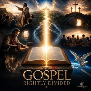 Cinematic poster for The Gospel Rightly Divided series featuring an open Bible, radiant path of light, scenes of Christ, Paul, the cross, and Revelation imagery.