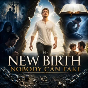 Cinematic poster for The New Birth Nobody Can Fake, showing a man stepping into light with Bible, prayer, chains, and scenes of true salvation.