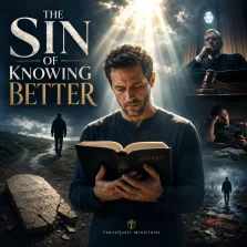 KJV Bible study image showing a man reading Scripture under heavenly light, representing the sin of knowing better from James 4:17.