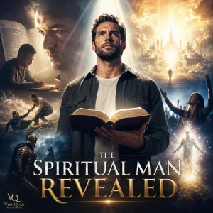 The Spiritual Man Revealed series poster featuring a man holding an open Bible, with scenes of worship, spiritual warfare, study, and resurrection glory.