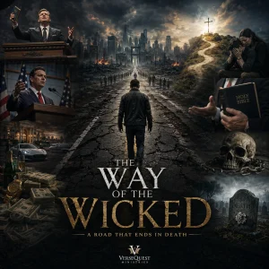 Cinematic poster for The Way of the Wicked series showing a man on a dark road, false religion, wealth, judgment, grief, and death.