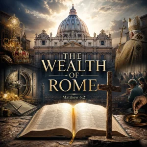 The Wealth of Rome series poster with Vatican imagery, open Bible, cross, treasure, and Matthew 6:21 theme.