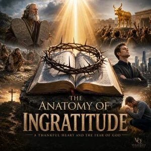 The Anatomy of Ingratitude poster with open Bible, crown of thorns, Moses, golden calf, prayer, and scenes of warning, pride, and repentance.