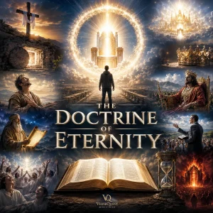Cinematic Doctrine of Eternity series image with glowing throne, Bible, Christ, heaven, judgment, and eternal themes in a dramatic collage.