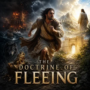 Cinematic Doctrine of Fleeing poster showing a man running from darkness, Babylon, idols, and wolves toward God’s refuge and holy light.