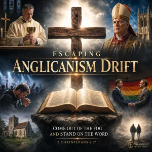 Cinematic poster for Escaping Anglicanism Drift with cross, open Bible, Anglican clergy, church scenes, prayer, and call to stand on the Word.