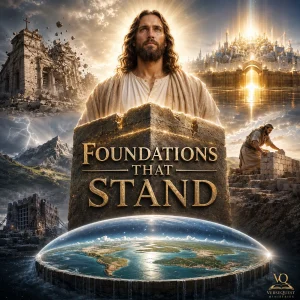 Jesus Christ as the sure foundation above a flat earth scene, with crumbling structures, heavenly city, and the Foundations That Stand series title.