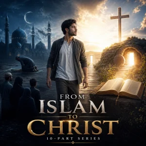 From Islam to Christ 10-part Bible study series poster showing a man leaving Islam toward the cross, empty tomb, and open Bible.