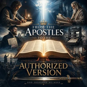Cinematic poster showing an open Bible, apostles, translators, printing press, crown, and sword for the Authorized Version series.