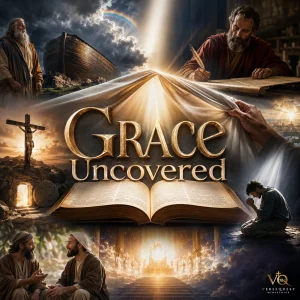 Grace Uncovered Bible study series poster showing grace from Genesis to Revelation through Christ, Scripture, prayer, and redemption.