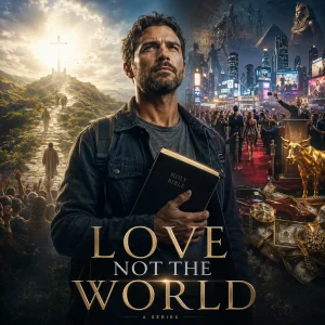 Love Not the World KJV Bible study series poster showing a Bible believer standing between heavenly light and worldly temptation.