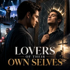 Cinematic poster of a man facing his reflection, exposing self-love and pointing to the biblical remedy of being crucified with Christ.