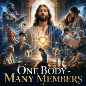 One Body Many Members series poster showing Christ as Head with believers praying, serving, teaching, comforting, and united in one body.