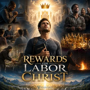 Rewards for Labor in Christ series poster showing a believer, crowns, prayer, suffering, service, and eternal reward in Christ