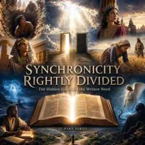 Synchronicity Rightly Divided series poster with open KJV Bible, biblical scenes, providence, spiritual warfare, and Scripture as final authority.