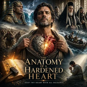 Cinematic Bible poster for The Anatomy of a Hardened Heart showing a man with a stone-and-flesh heart, Pharaoh, Pharisees, disciples, and an open Bible.