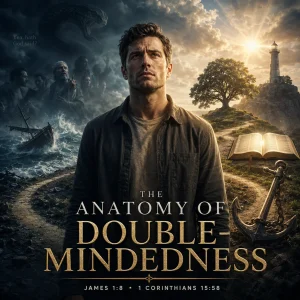 The Anatomy of Double-Mindedness series poster showing a man between darkness and light, symbolizing instability and biblical steadfastness.