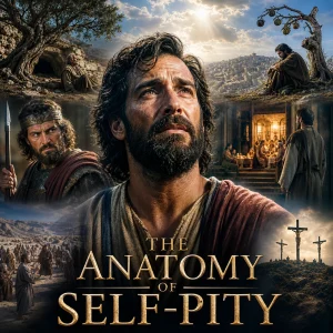 The Anatomy of Self-Pity Bible study series poster showing biblical scenes of sorrow, bitterness, isolation, and Christ as the cure.