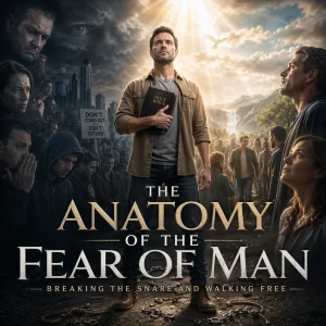 Cinematic poster of a believer holding a Bible between hostile crowds and heavenly light, illustrating freedom from the fear of man.