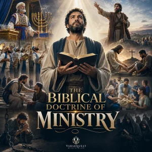 Cinematic poster for The Biblical Doctrine of Ministry series featuring Christ-centered service, Bible teaching, faithful ministry, and the body of Christ.