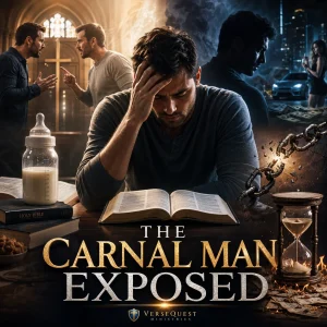 Cinematic poster for The Carnal Man Exposed series showing a troubled man over an open Bible with scenes of conflict, temptation, bondage, and spiritual struggle.