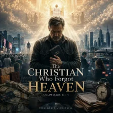 KJV Bible study image showing a Christian surrounded by earthly distractions while Christ reigns in heavenly glory above, based on Colossians 3:1–4.