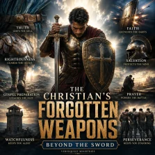 Cinematic KJV Bible study poster showing a Christian soldier wearing the whole armour of God, including truth, righteousness, faith, salvation, prayer, watchfulness, and perseverance.