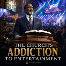 KJV Bible study image showing a preacher with an open Bible confronting entertainment-driven church culture from 2 Timothy 4:3-4.