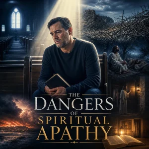 The Dangers of Spiritual Apathy series poster showing a weary believer with Bible, warning against lukewarm faith and spiritual neglect.